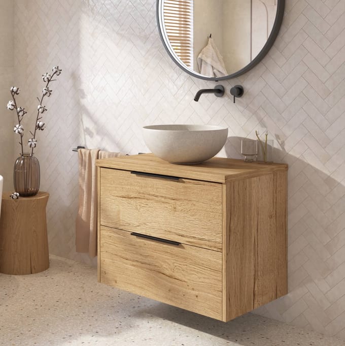 Saqu Lima badmeubel incl. afdekblad 80x51x62cm eiken marcato – mat zwarte greep