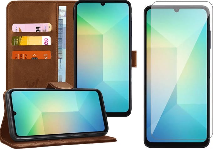 Hoesje geschikt voor Samsung Galaxy A06 - Screenprotector Glas - Portemonnee Book Case Bruin