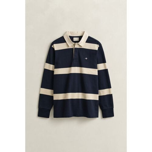 Gant Heavy Rugger Stripe Shield Polo Streep Navy Wit - Maat 3XL - Heren - Longsleeve polo