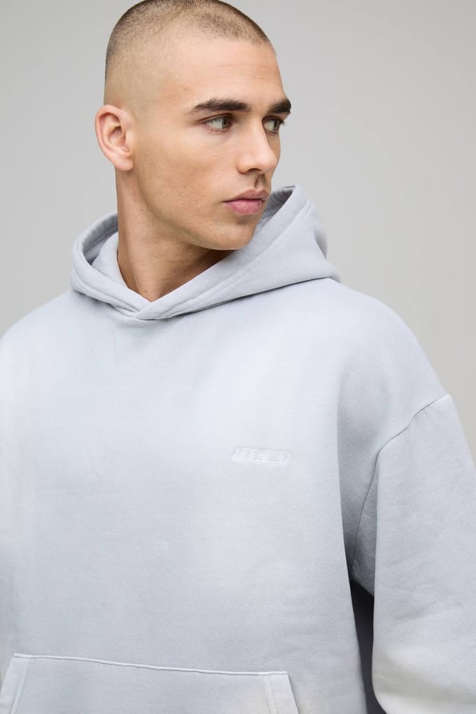 Oversized Boxy Spray Wash Men's Sport Geborduurde Hoodie | Grey | Size Medium
