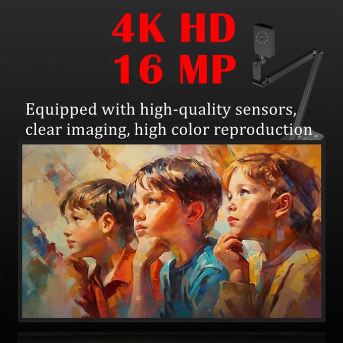 Caméra de documents USB 16 MP avec microphone, mise au point automatique, webcam 4K avec bras flexible pour l'apprentissage en ligne