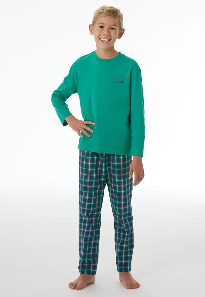 Lange pyjama van geweven jersey met ruitjesmotief, jade - Nightwear 152
