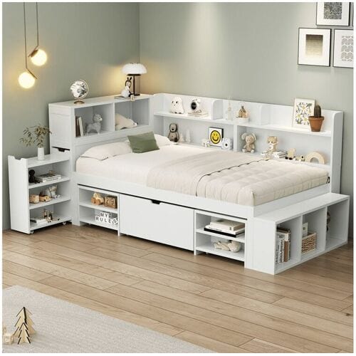 KOMHTOM Kinderbed 90*200 cm, met laden, planken en opbergruimte, lattenbodem, wit