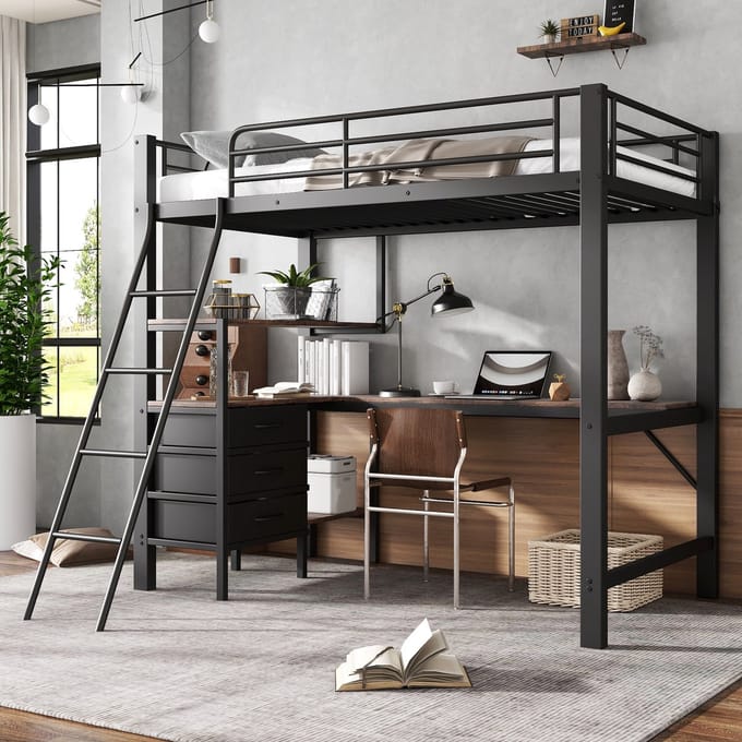 MODFU Bedframe 90x200 cm – Metaal en spaanplaat – Met bureau & 3 laden – Zwart/walnoot