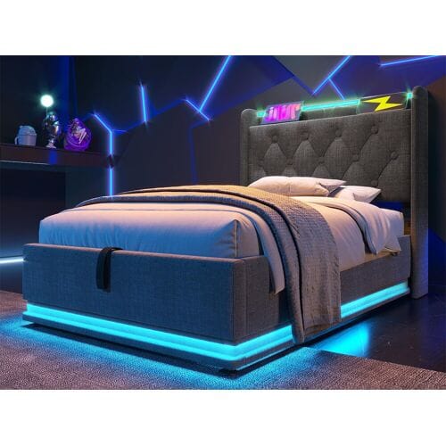 ModernLuxe Linnenbed van 90x200 cm - met LED- en USB- en Type-C-aansluitingen - Grijs