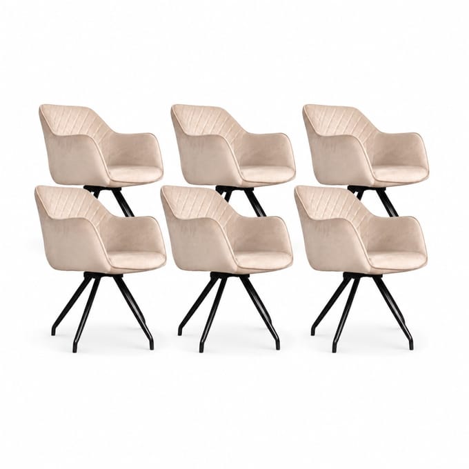 DS4U® - Romy eetkamerstoel - Set van 6 - Champagne - Velvet - Met armleuning - 360 draaibaar