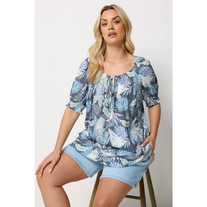 Yours Blauwe Blouse Met Palmprint En Striksluiting Size 44