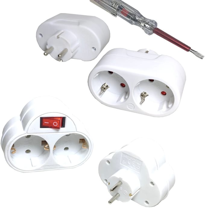 2X Horizontale stekker + 2x Duo dubbel stopcontact met schakelaar verloop verdeel RA max 3500 Watt + spanningszoeker
