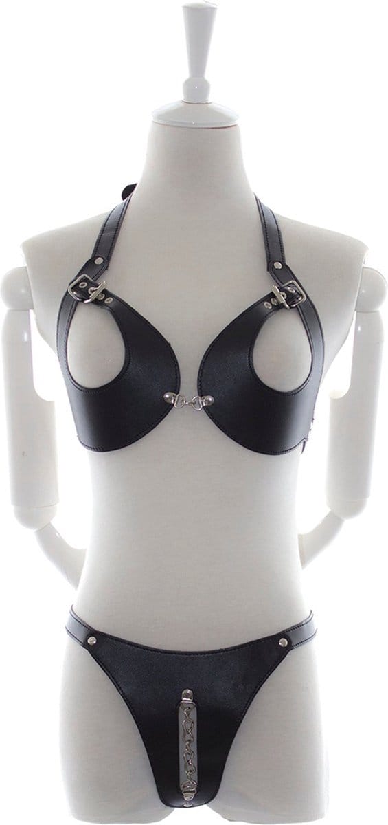 Fixxx - Fetish BH en Slipje met Open Kruis - Nr. 2 - PU-Leer - One Size - Zwart