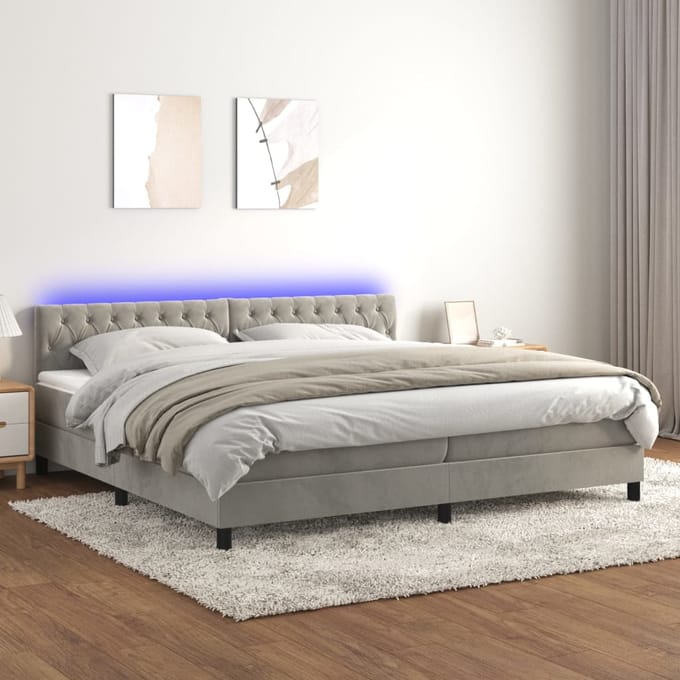 vidaXL - Boxspring - met - matras - en - LED - fluweel - lichtgrijs - 200x200 - cm