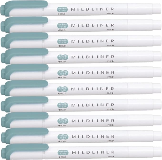 Zebra Mildliner Double-Sided Highlighter - Fine / Bold – Mild Smoked Blue Set van 10 + een Luxe Zipperbag - WKT7-MSB