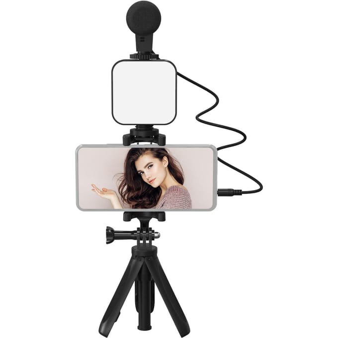 Smartphone Vlogging Kit Statief Telefoonhouder + Microfoon + Videolamp + Clip + 3,5 mm TRS naar TRRS white