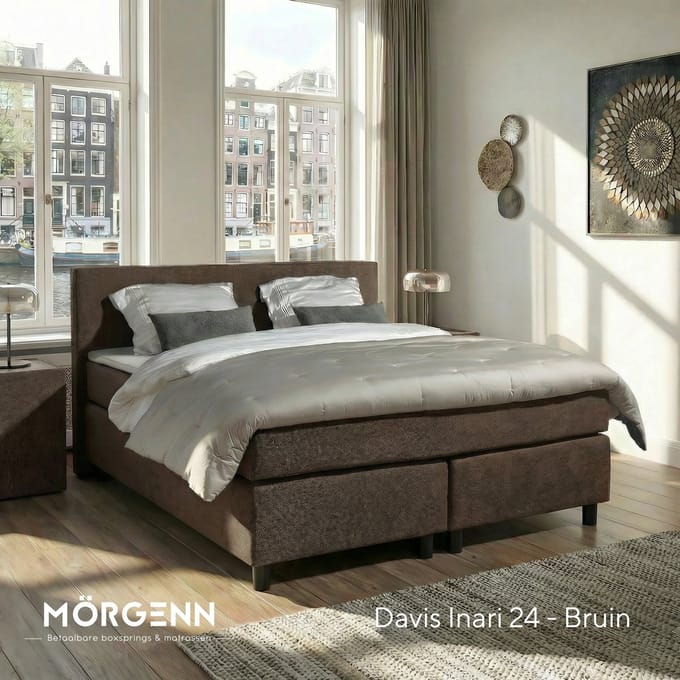 Mörgenn Boxspring Amsterdam - Pocketvering - Bruin - 100x200 cm - Inclusief Dekbed en Kussens