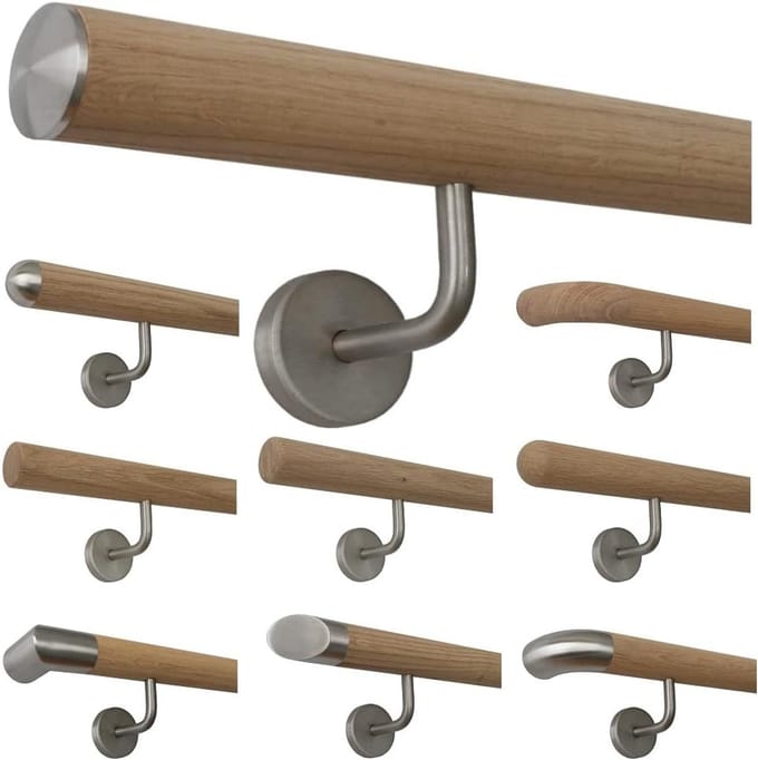 Eiken Leuning - Houten Trapleuning - Veilig Traplopen - Onbehandeld Eikenhout - 120 cm - Roestvrij Staal