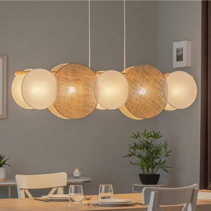 TK Lighting Hanglamp Puls, jute kappen, naturel bruin/wit, 5-lamps