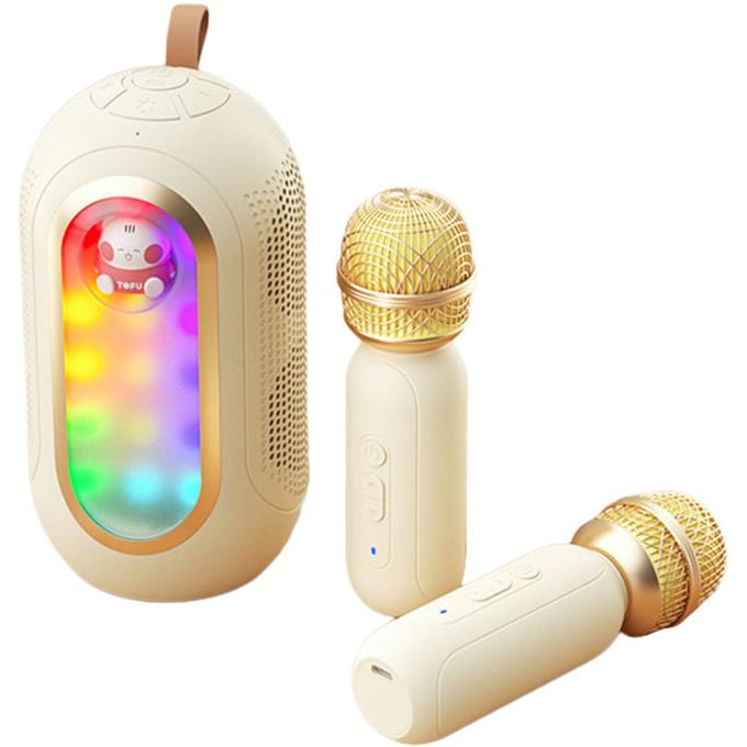 Mini Machine à karaoké, ensemble de microphones et haut-parleurs sans fil avec 2 microphones rechargeables, couleur LED beige