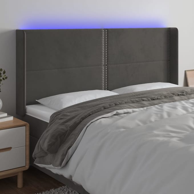vidaXL - Hoofdbord - LED - 163x16x118/128 - cm - fluweel - donkergrijs