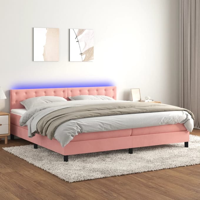 vidaXL - Boxspring - met - matras - en - LED - fluweel - roze - 200x200 - cm