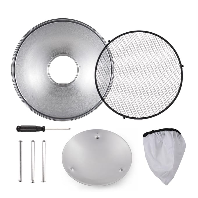 30cm/11,8in Standaard Reflector Beauty Dish Bowens Mount met Witte Diffuser Reflector Honingraat Silver Inner Surface zwart