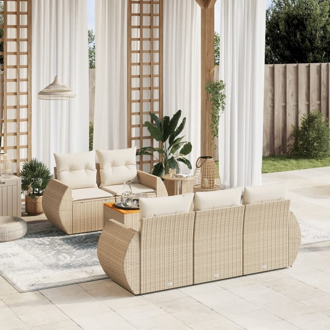 vidaXL - 6-delige - Loungeset - met - kussens - poly - rattan - beige