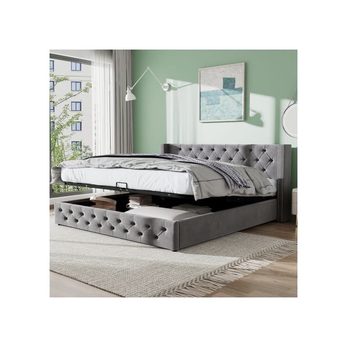 Lit capitonné - MUVOE - 160x200 - Gris - Tête haute - Rangement intégré gris