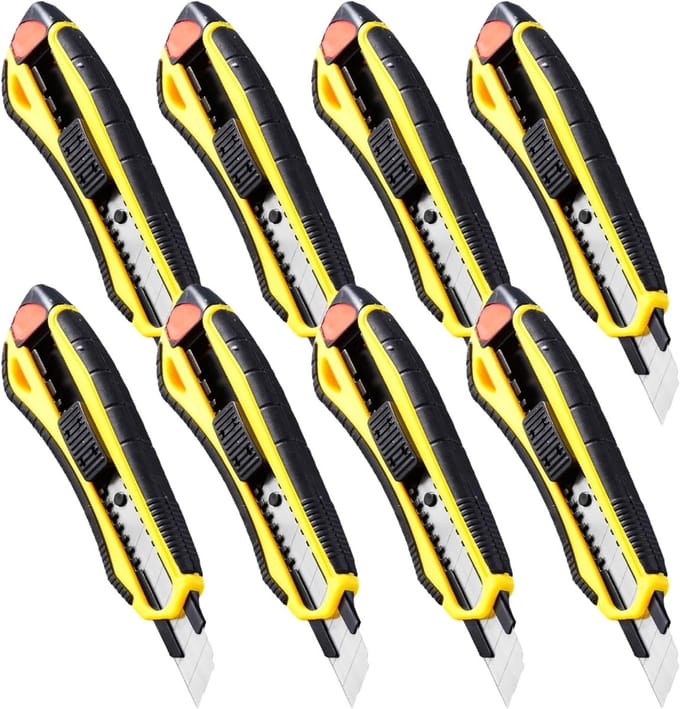 Set van 8 multifunctionele cuttermessen van 16 cm met rubberen handgreep, ideaal voor tapijt, papier en karton snijden