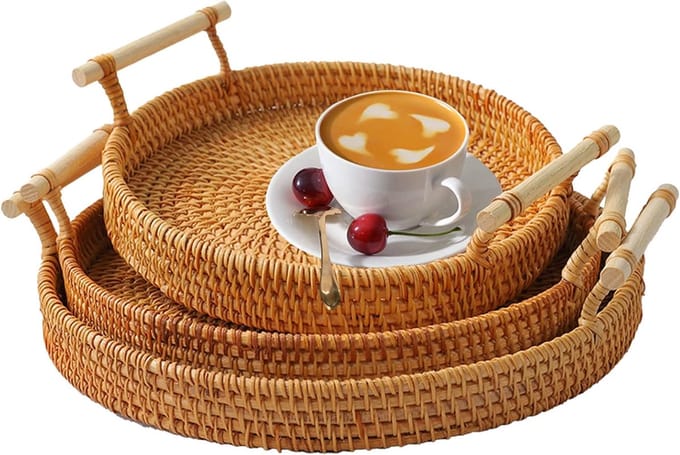 Famanu – Rotan dienbladen set 3 met handgrepen – handgeweven serveertrays voor brood en fruit