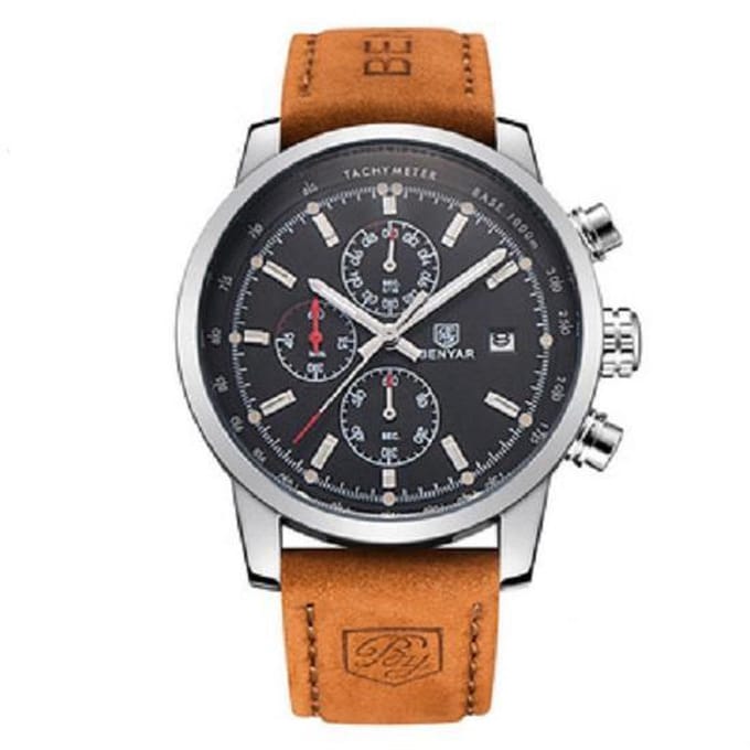 Herenhorloge – Chronograaf - Men's Watch - Edelstaal – Lederen Band