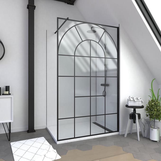Paroi de douche Déco 120x195cm Verre 5mm Sérigraphié - Barre de fixation Noir Mat