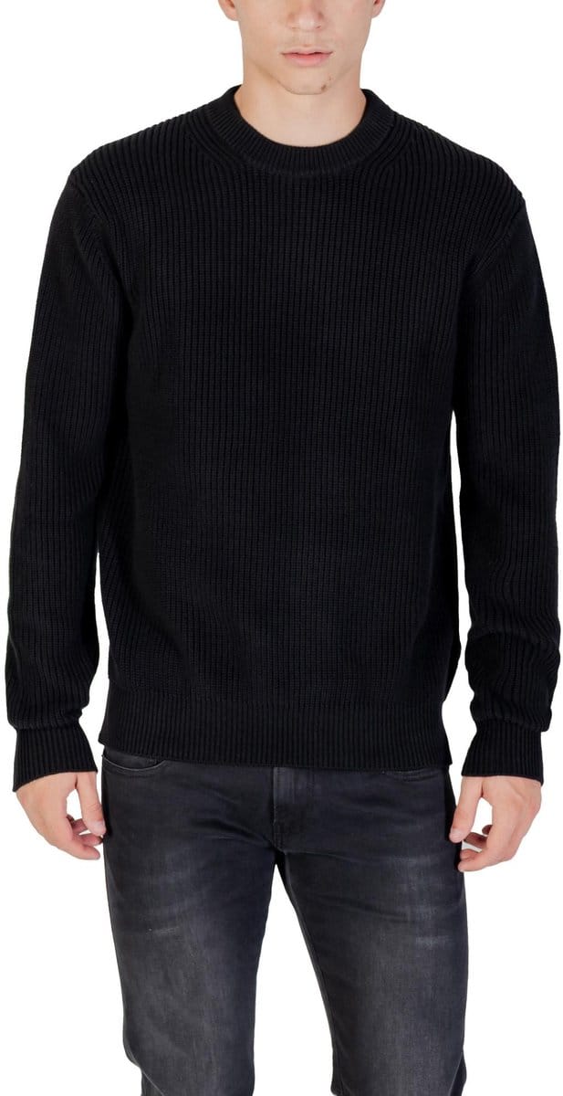 Round Neck Long Sleeve Cotton Knitwear - Black Sweaters