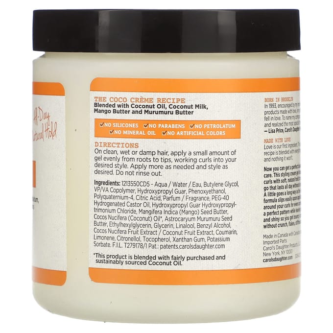 Carol's Daughter, Coco Cream, Intense Moisture, Curl Shaping Cream Gel, 452 g (16 oz) white
