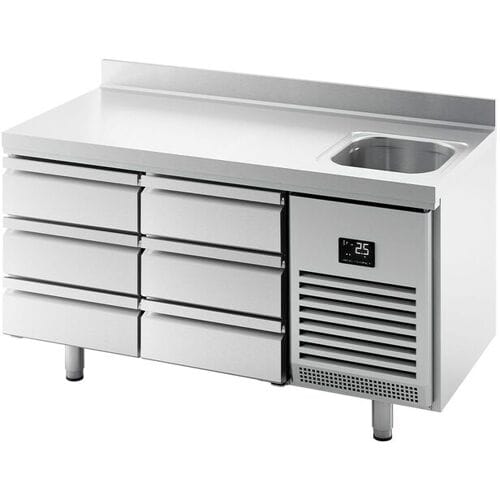 GGM Gastro Koelwerkbank PREMIUM PLUS - 1468x700mm - inhoud 305 liter - met 6 lades - met 1 spoelbak - opstand zilver