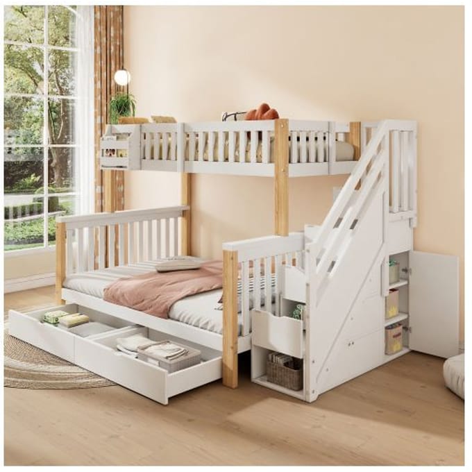 Lit d'enfant multifonctionnel - MUVOE - Blanc + couleur naturelle - 2 places - Avec tiroirs - Design évolutif blanc