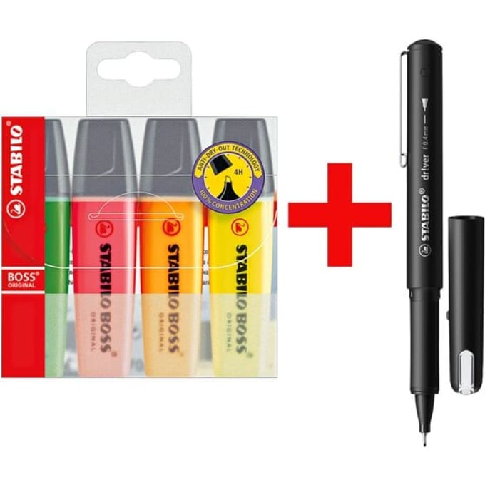 STABILO BOSS ORIGINAL - Markeerstift - Extreem Hoge Kwaliteit - Plastic Etui Met 4 Kleuren