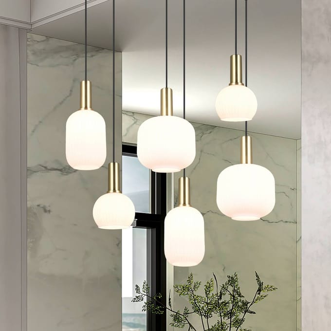 TRIO DIVA - Hanglamp - Messing mat - Wit glas - excl. 6x E27 8,5 W - Plafondbevestiging - In hoogte verstelbaar