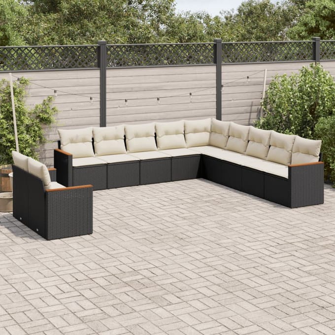 vidaXL - 11-delige - Loungeset - met - kussens - poly - rattan - zwart