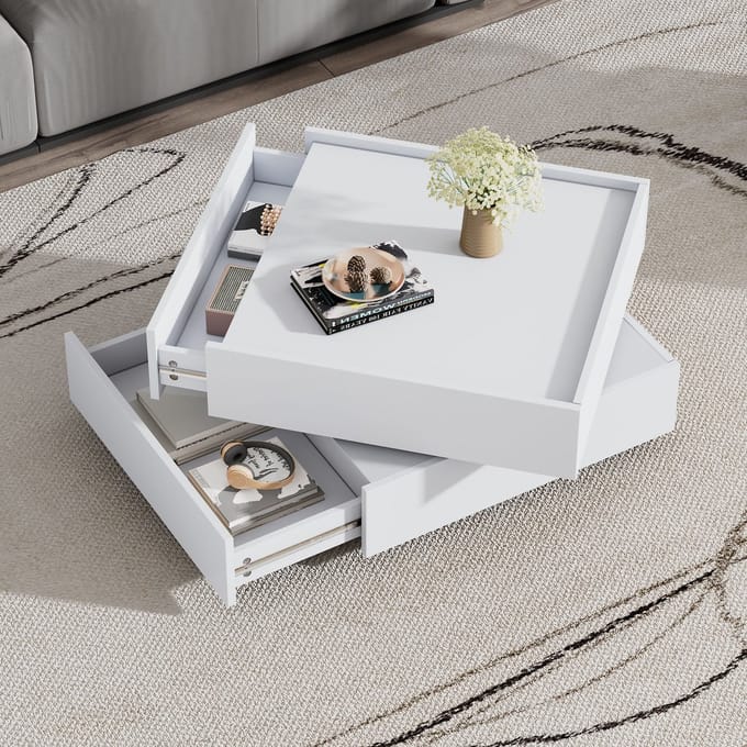 360° Draaibare Salontafel in Wit voor Woonkamer - 60x60x38 cm - 2 Planken - Wit