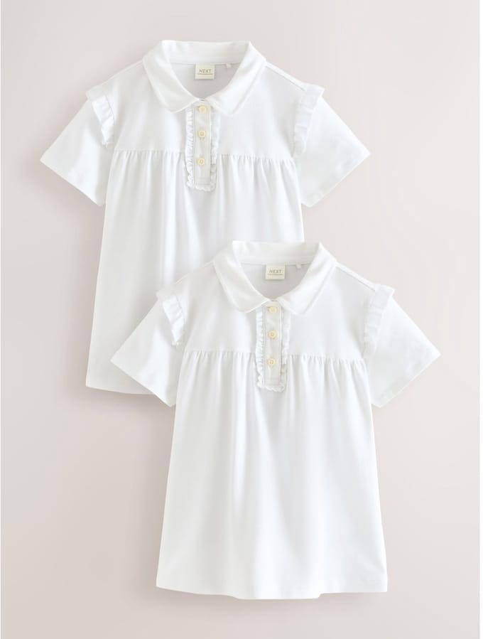 Next - Meisjes - Set van 2 katoenen schoolpolo's met stretch en ruches op de schouders - Wit