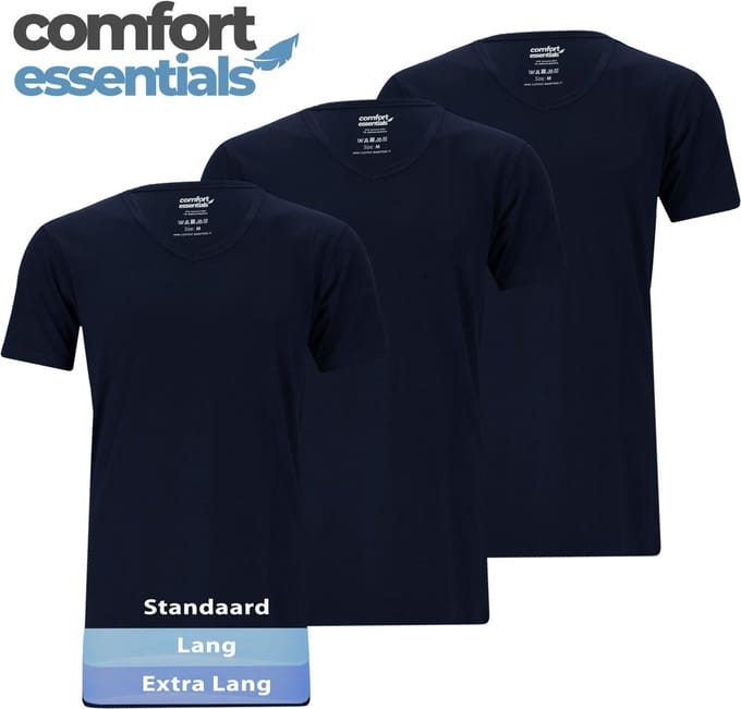 Comfort Essentials - T Shirts Heren - Extra Lang - Navy M - 3 Pack -V Hals - Ondershirt Heren