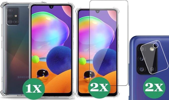 Hoesje geschikt voor Samsung Galaxy A31 - 2x Screenprotector Glas & 2x Camera Screen Protector - Transparant Shock Case