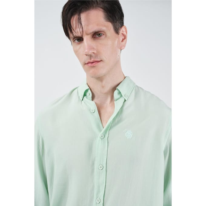Heren Regular Fit Knop Kraag Effen Tencel Overhemd