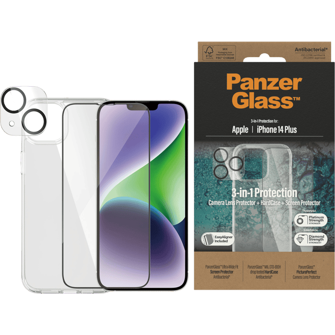 PanzerGlass iPhone 14 Plus Bundel Hardcover + Screenprotector + Glazen Camera Screenprotector Transparant