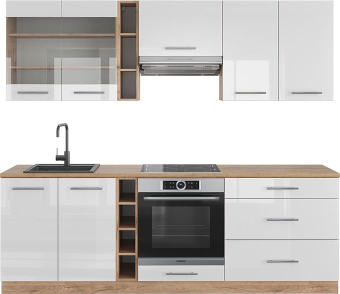Vicco Fame-Line Complete keukeneenheid – 235 cm, WB Eik Wit hoogglans/goud power eiken