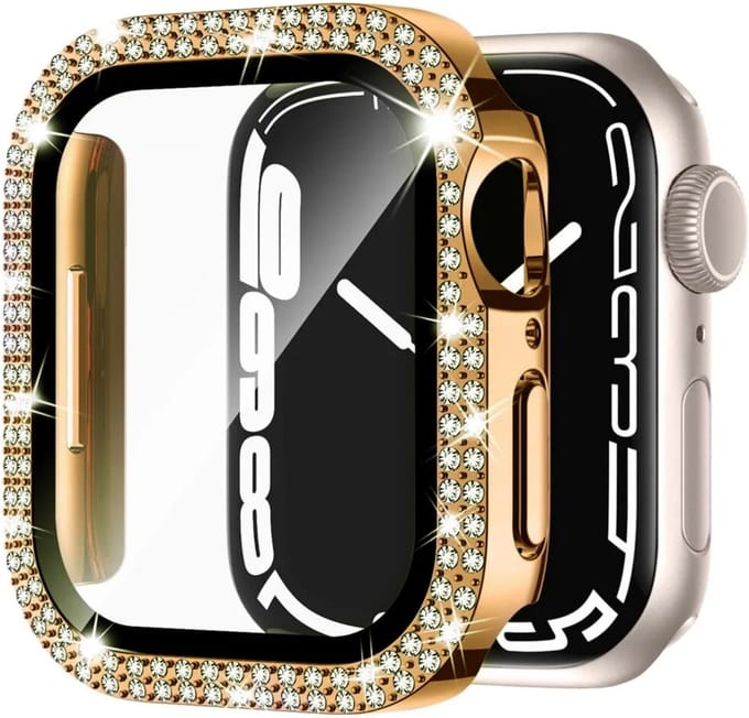 MY PROTECT - Diamond Hoesje Geschikt Voor Apple Watch 44mm Bescherm Case & Screenprotector - Goud