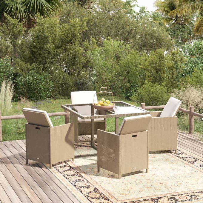 vidaXL - 5-delige - Tuinset - met - kussens - poly - rattan - beige