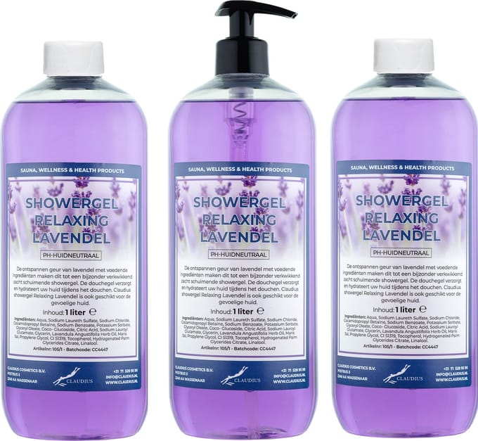 Claudius Douchegel Relaxing Lavendel 1 liter - set van 3 stuks - met gratis pomp - Showergel