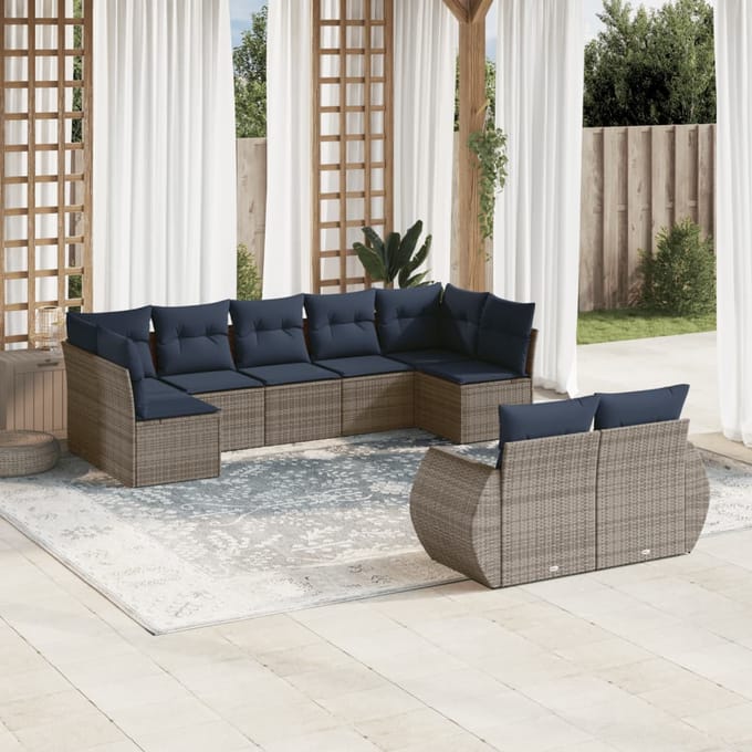 vidaXL - 9-delige - tuinbankset - met - kussens, - grijs - polyrotan