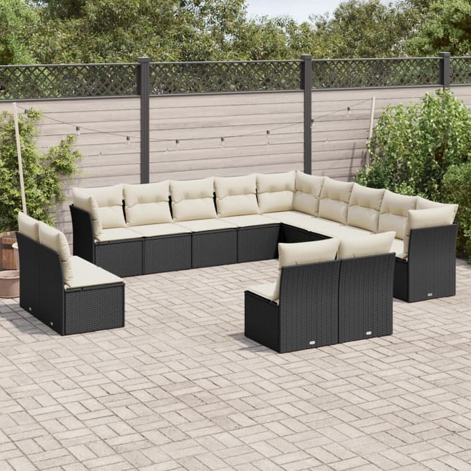 vidaXL - 13-delige - Loungeset - met - kussens - poly - rattan - zwart