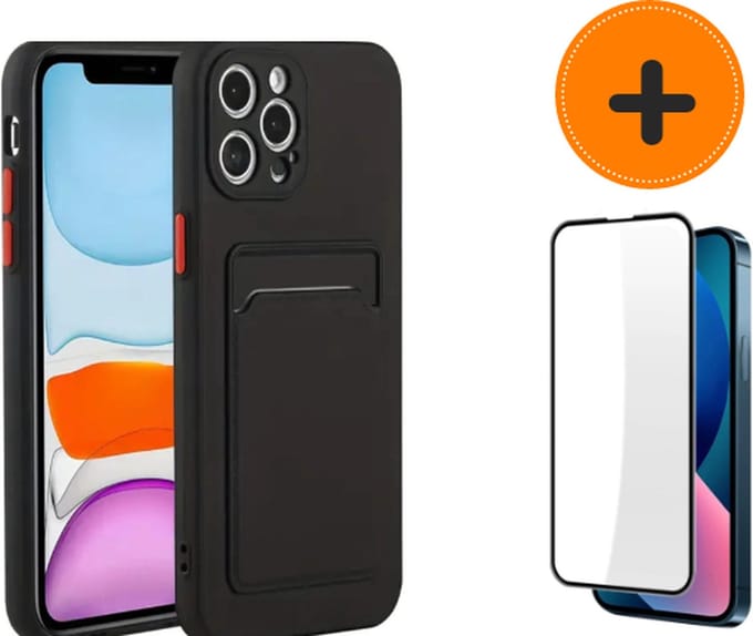 Telefoonhoesje iPhone 13 Pro zwart met pasjeshouder inclusief screenprotector - 2 pasjes - screenprotector