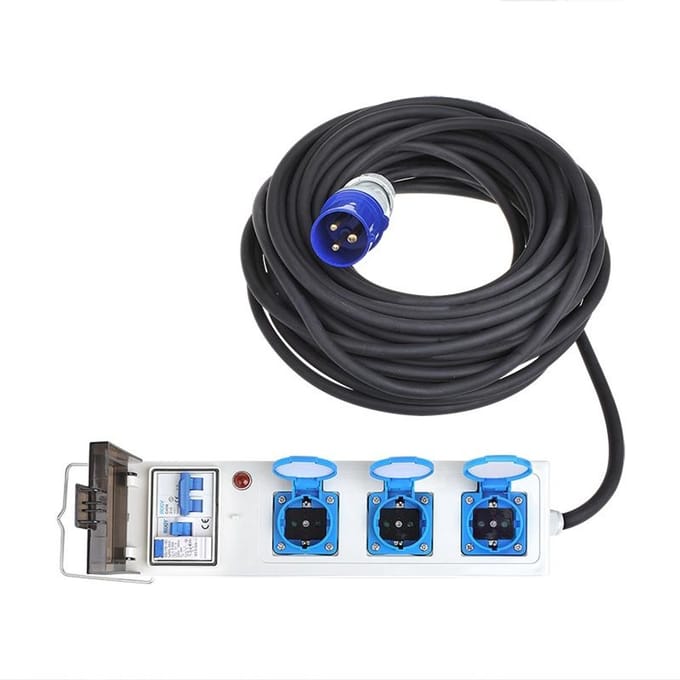 ProPlus Stekkerdoos voor tent/vouwwagen - 20 meter - 3 stopcontacten - MCCB en RCD - Neopreen kabel